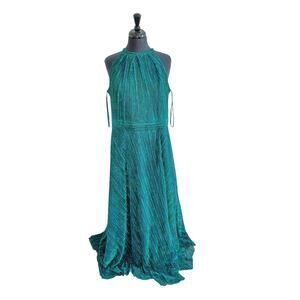 Betsy & Adam Size 14W Green Halter Top Shimmer Metallic Shiny Maxi Dress Gown